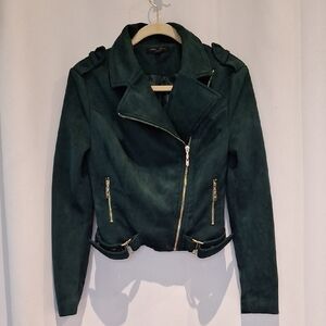 Romeo & Juliet Couture Dark Green Faux Suede Moto Jacket with Gold Hardware